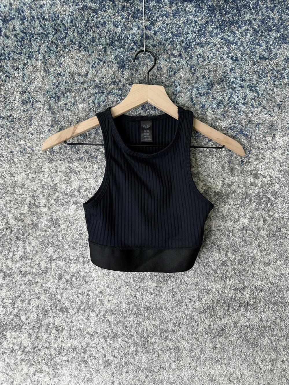 Blue Life Fit Tank Top Womens Small Black Ribbed High Neck Cropped Yoga Gym